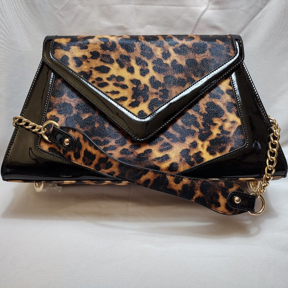 Pinup Couture Leopard Print Tan and Black Patent Envelope Clutch